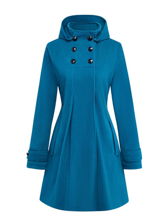 Blue 1930s Solid Faux-Wool Hooded Coat