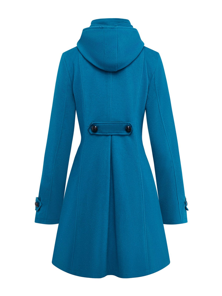 Blue 1930s Solid Faux-Wool Hooded Coat