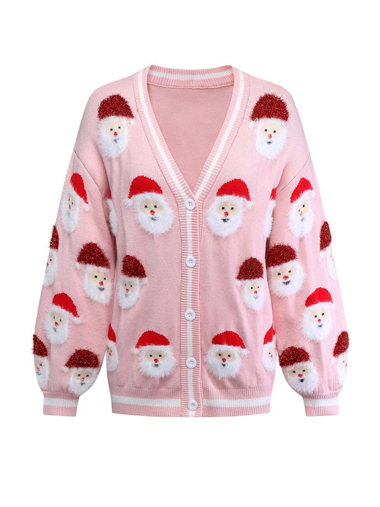 Pink 1940s Christmas Santa Claus Jacquard Cardigan