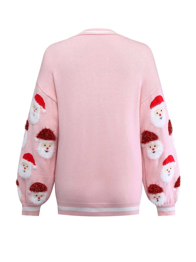 Pink 1940s Christmas Santa Claus Jacquard Cardigan