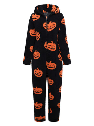 Orange 1930s Halloween Pumpkin Zipper Hooded Jumpsuit
