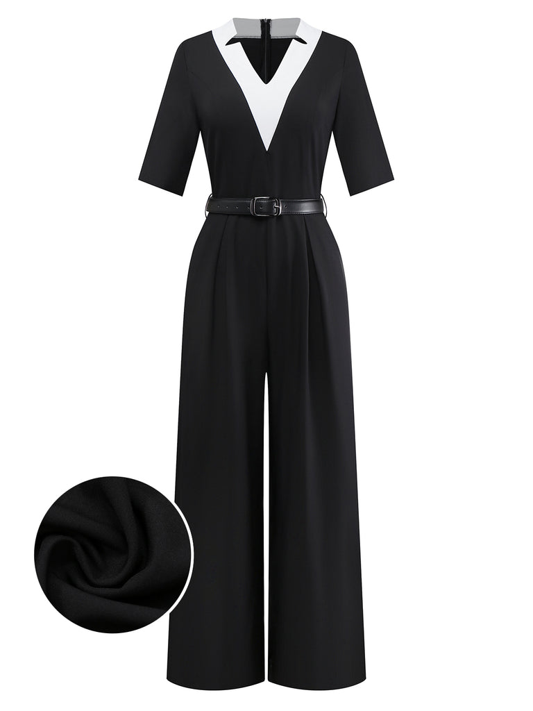 [Pre-Sale] 1930s V-Neck Contrast Belted Jumpsuit