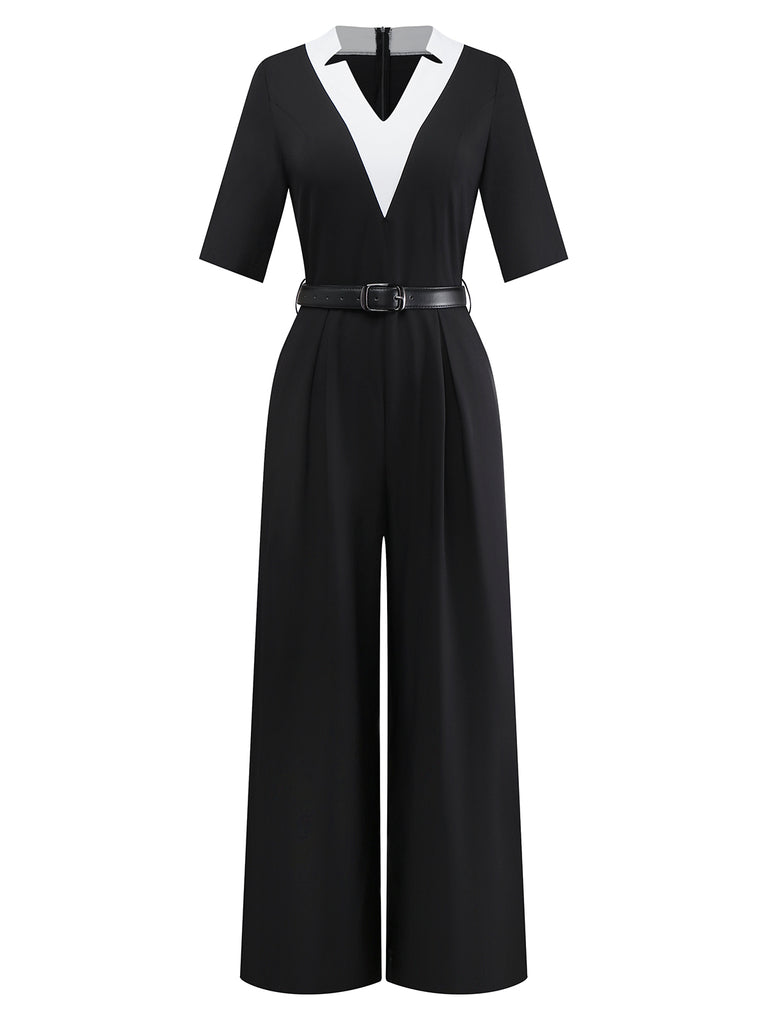 [Pre-Sale] 1930s V-Neck Contrast Belted Jumpsuit