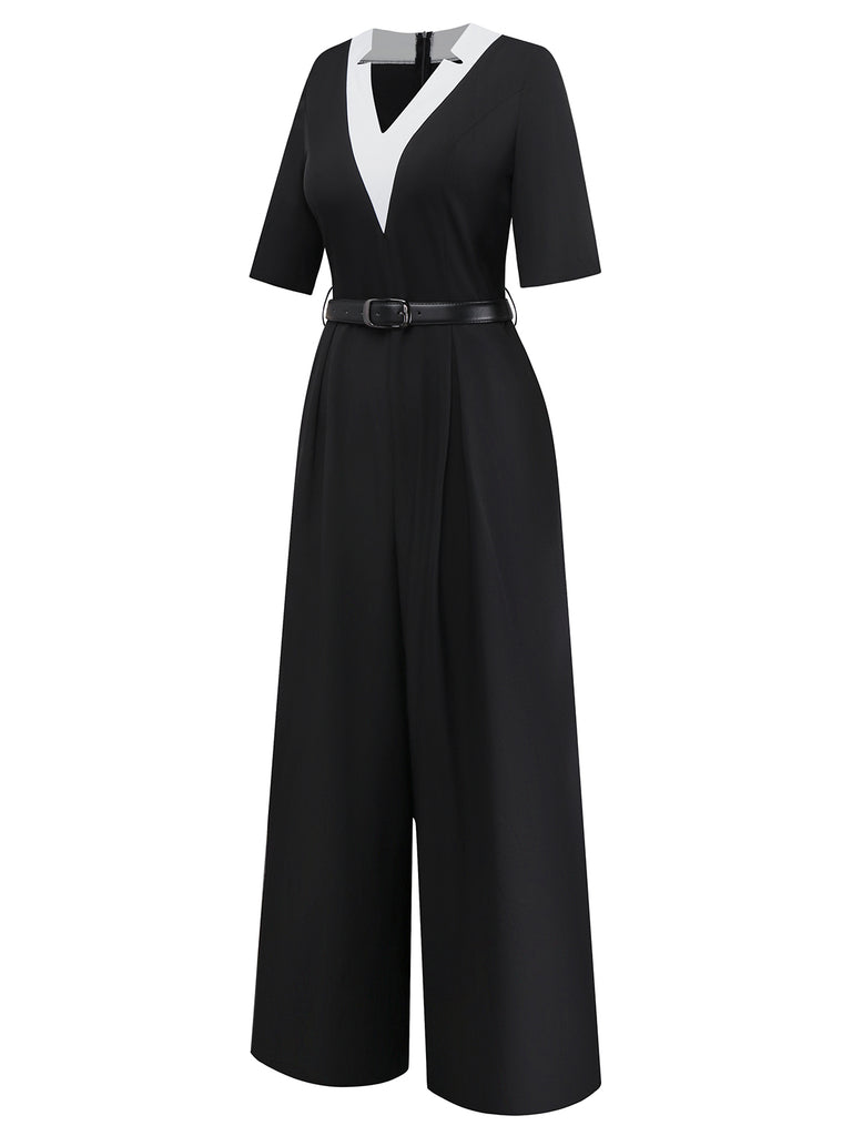 [Pre-Sale] 1930s V-Neck Contrast Belted Jumpsuit