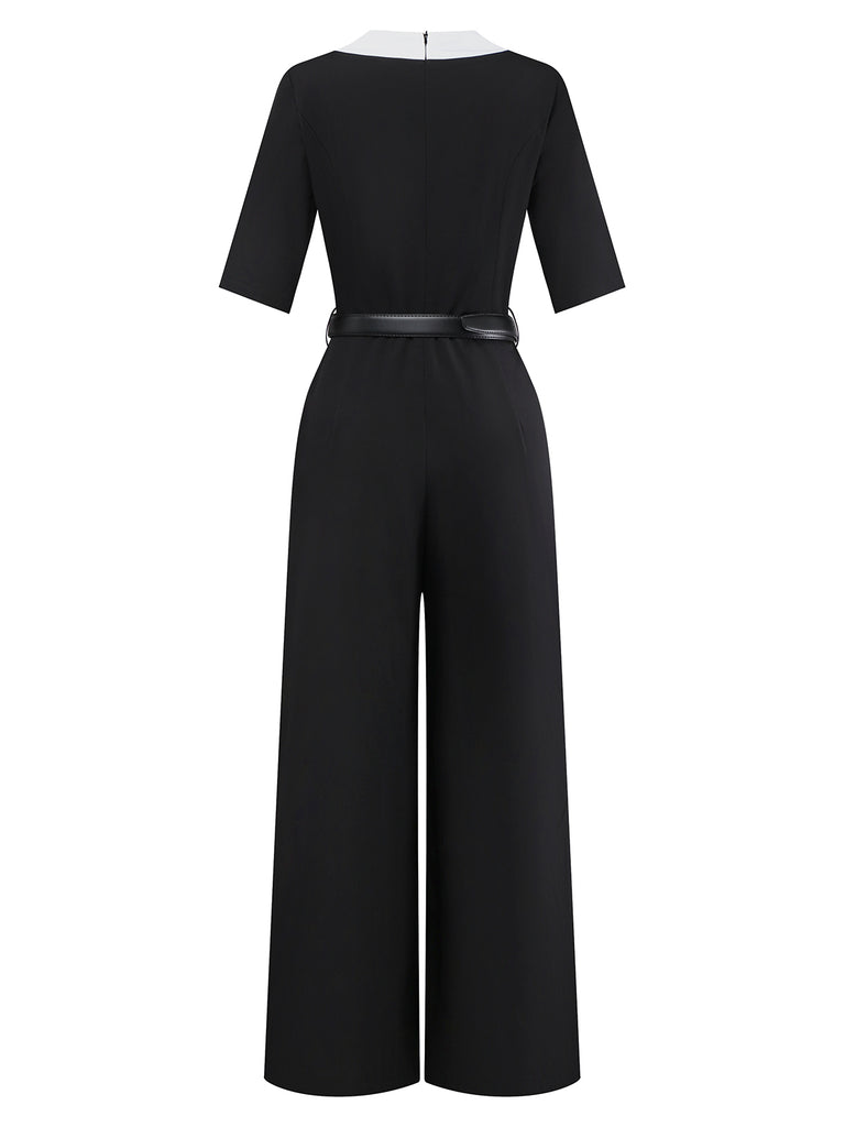 [Pre-Sale] 1930s V-Neck Contrast Belted Jumpsuit