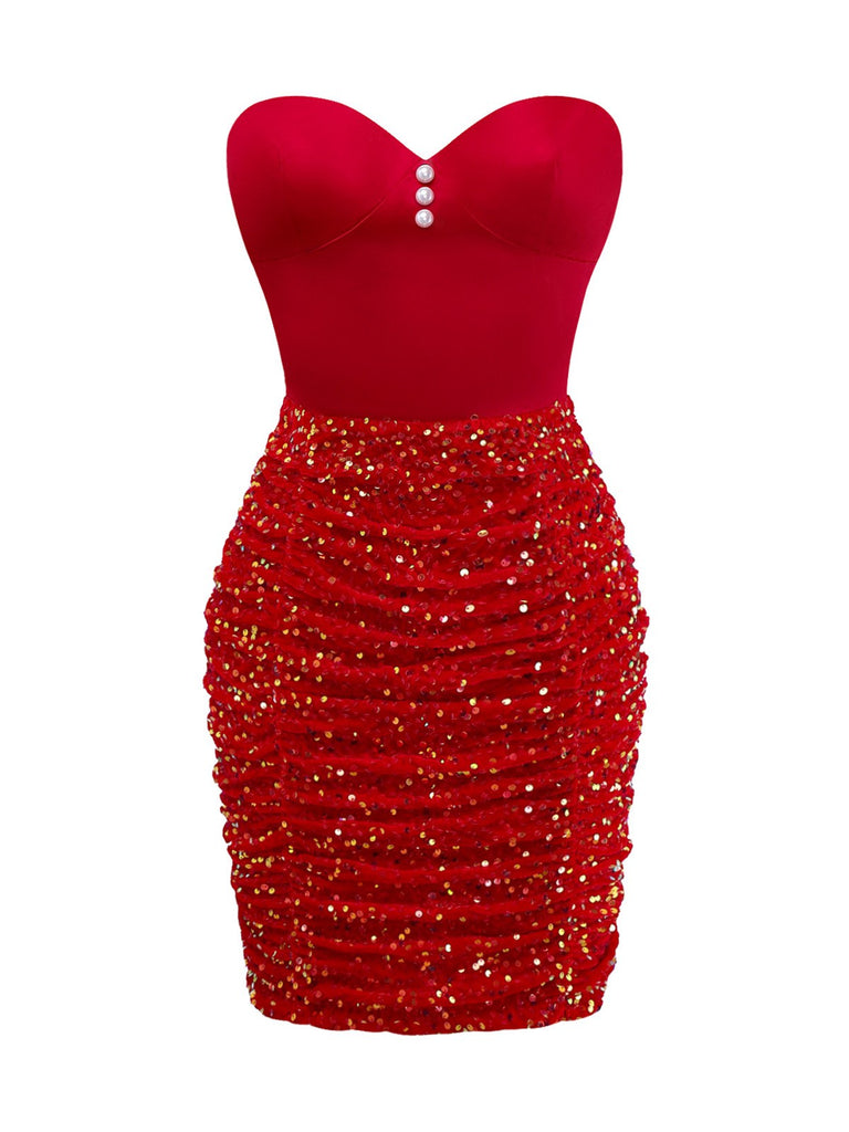 [Pre-Sale] Red 1960s Strapless Pearl Sequin Ruched Bodycon Dress