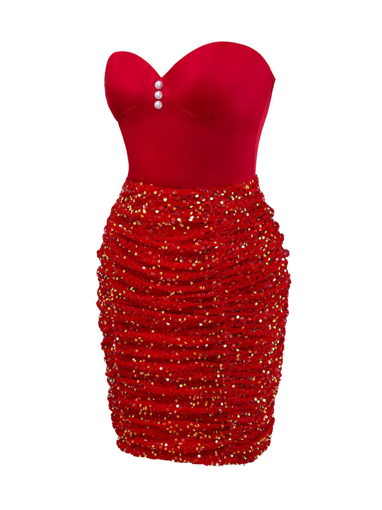 [Pre-Sale] Red 1960s Strapless Pearl Sequin Ruched Bodycon Dress