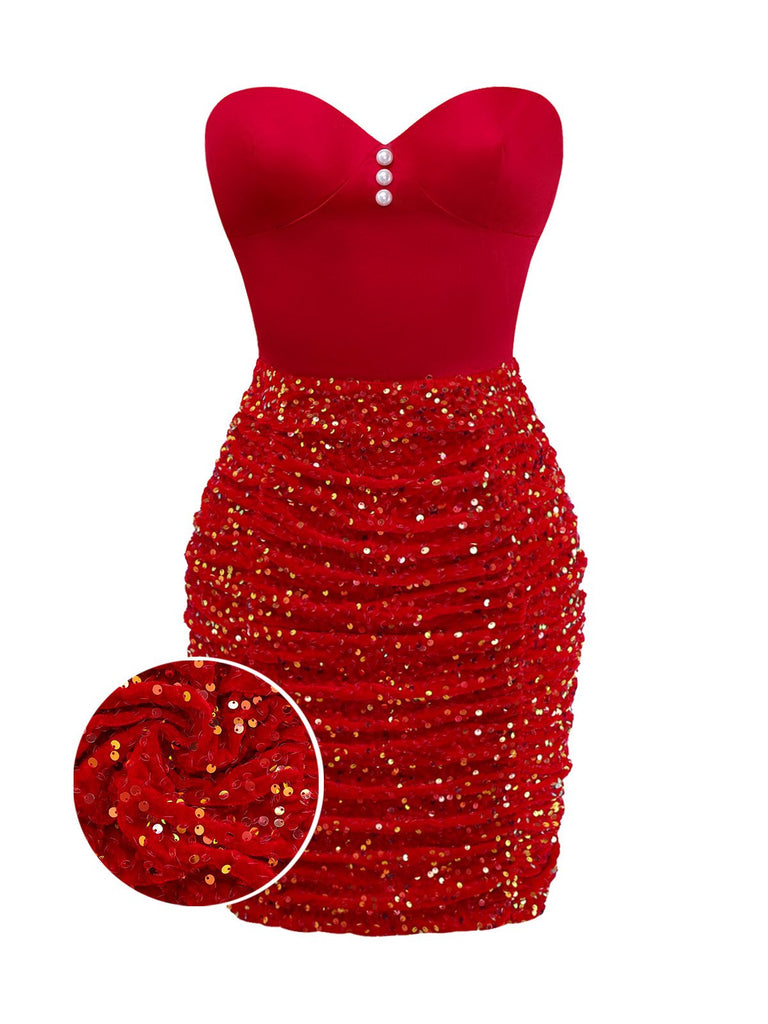 [Pre-Sale] Red 1960s Strapless Pearl Sequin Ruched Bodycon Dress