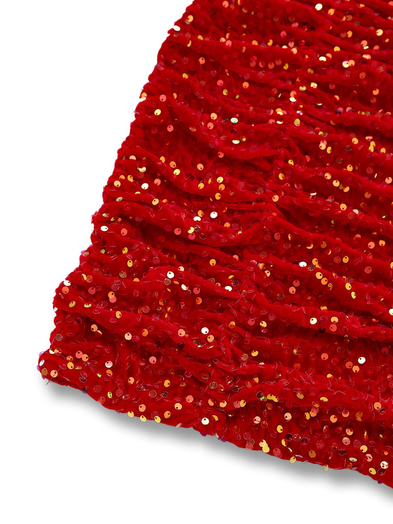 [Pre-Sale] Red 1960s Strapless Pearl Sequin Ruched Bodycon Dress