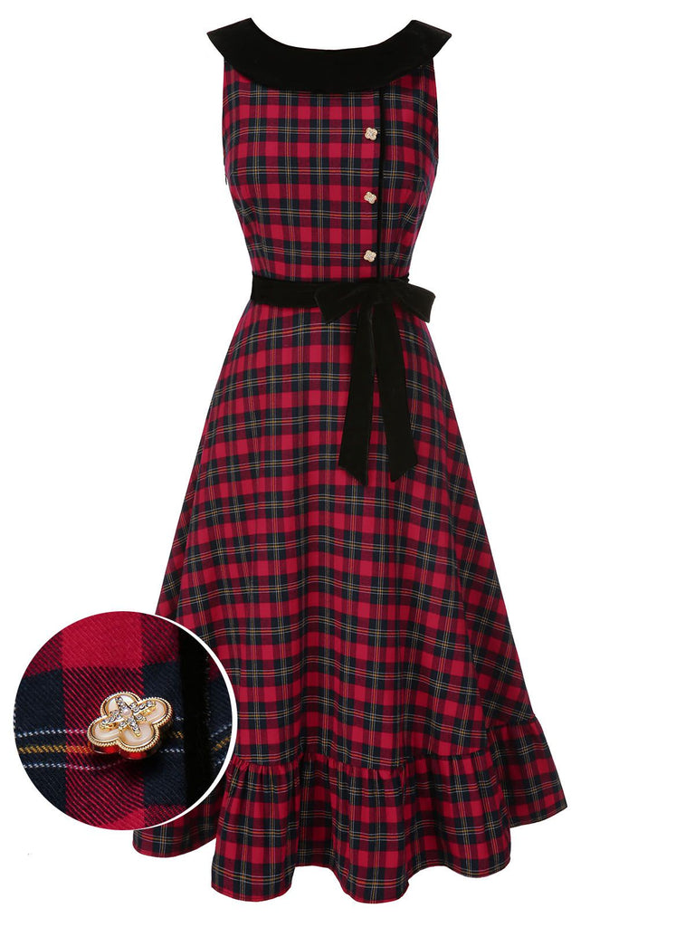 [Pre-Sale] Red 1940s Scottish Plaid Velvet Patchwork Ruffled Dress