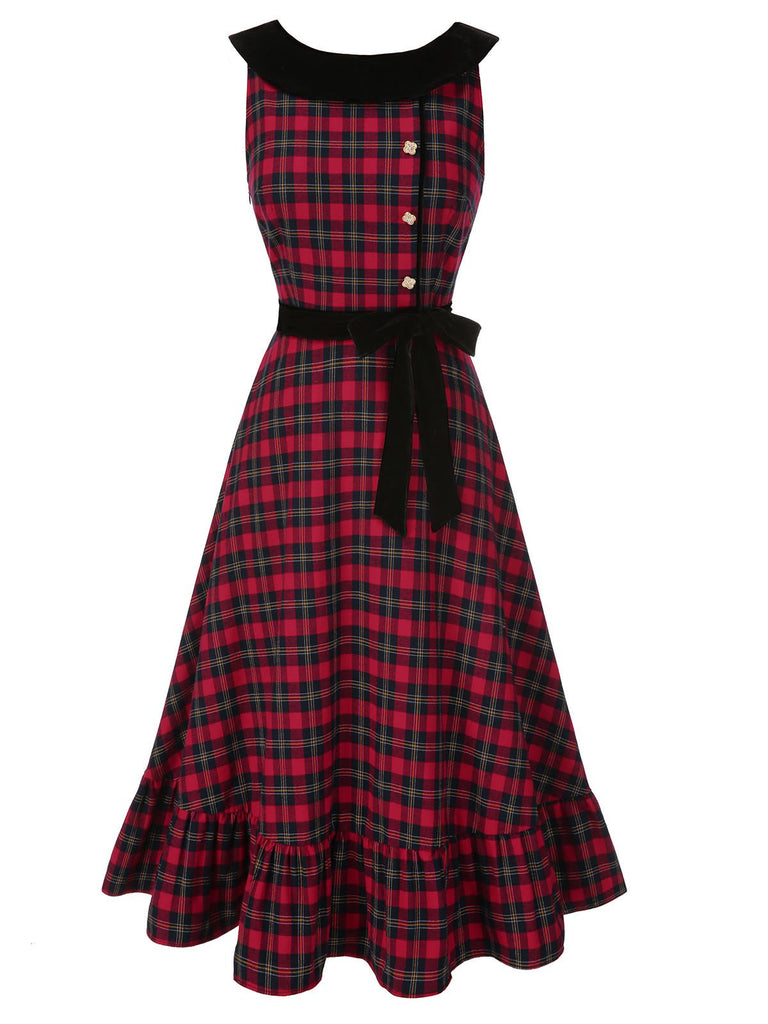 [Pre-Sale] Red 1940s Scottish Plaid Velvet Patchwork Ruffled Dress