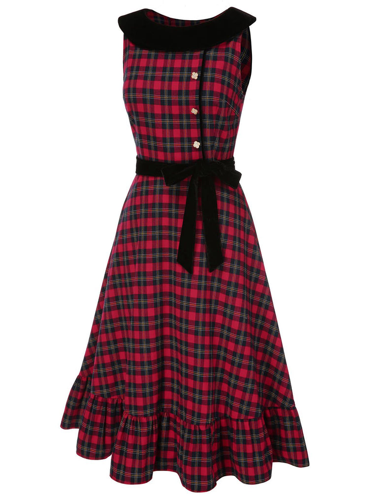 [Pre-Sale] Red 1940s Scottish Plaid Velvet Patchwork Ruffled Dress