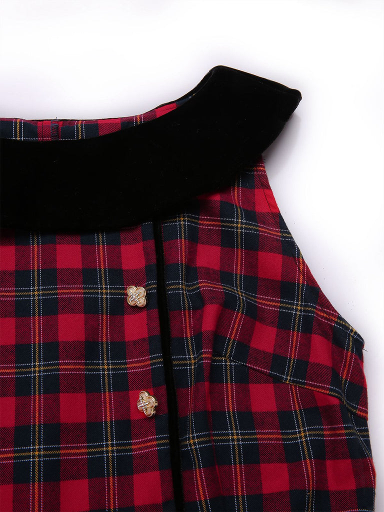 [Pre-Sale] Red 1940s Scottish Plaid Velvet Patchwork Ruffled Dress