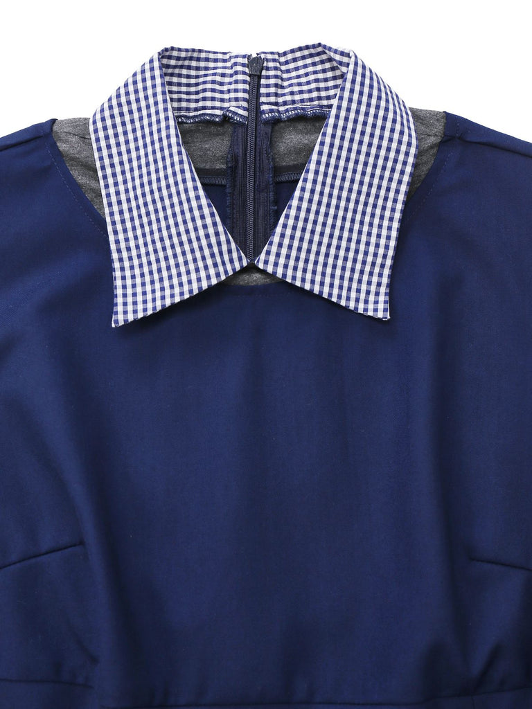 [Pre-Sale] Blue 1960s Plaid Lapel Patchwork Pleated Dress