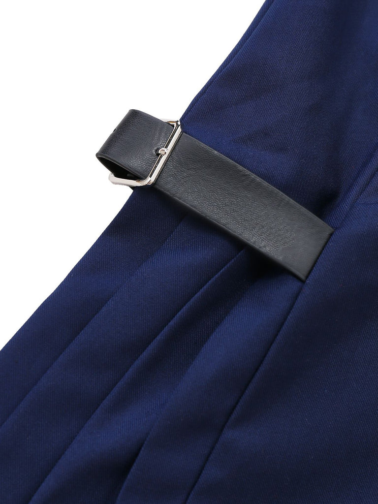 [Pre-Sale] Blue 1960s Plaid Lapel Patchwork Pleated Dress