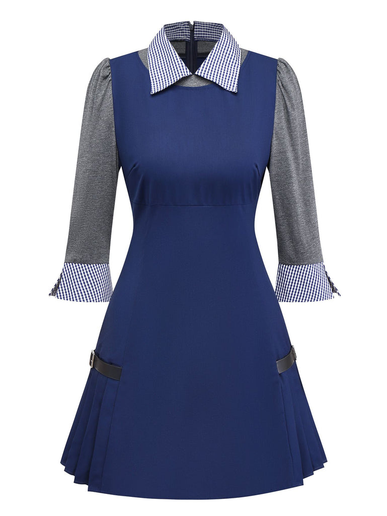 [Pre-Sale] Blue 1960s Plaid Lapel Patchwork Pleated Dress
