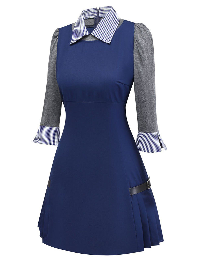 [Pre-Sale] Blue 1960s Plaid Lapel Patchwork Pleated Dress