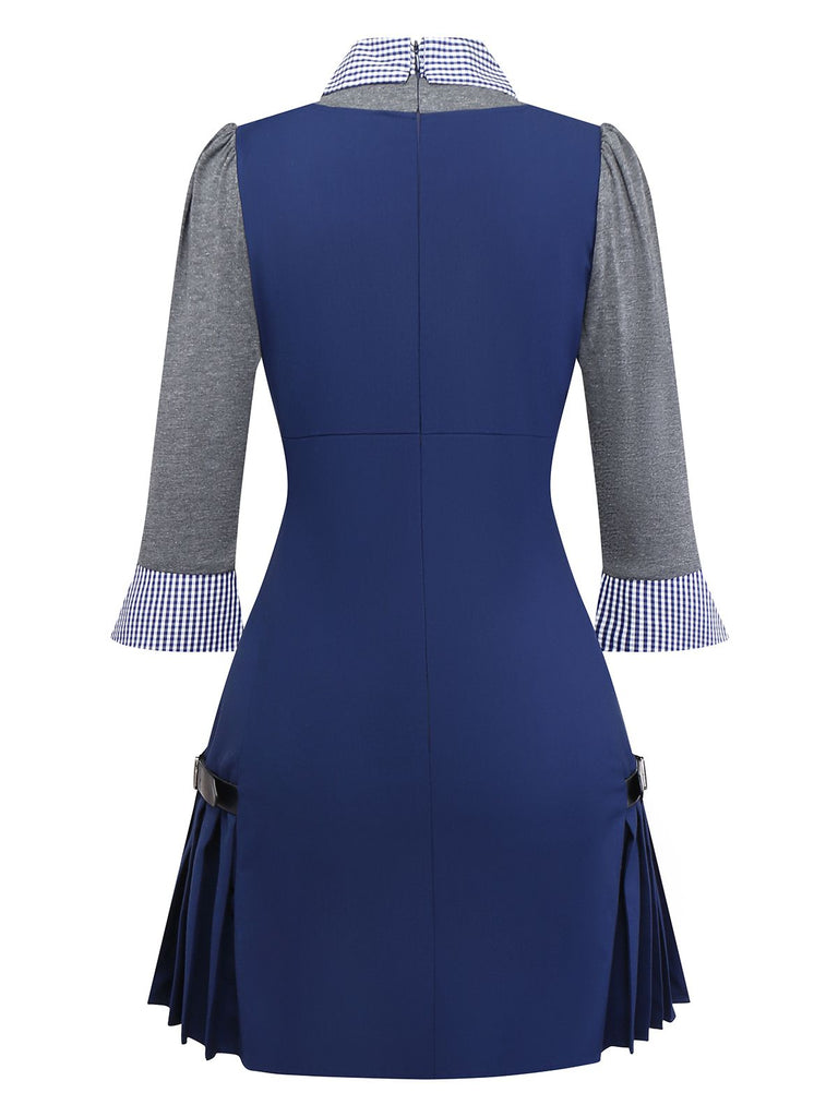 [Pre-Sale] Blue 1960s Plaid Lapel Patchwork Pleated Dress
