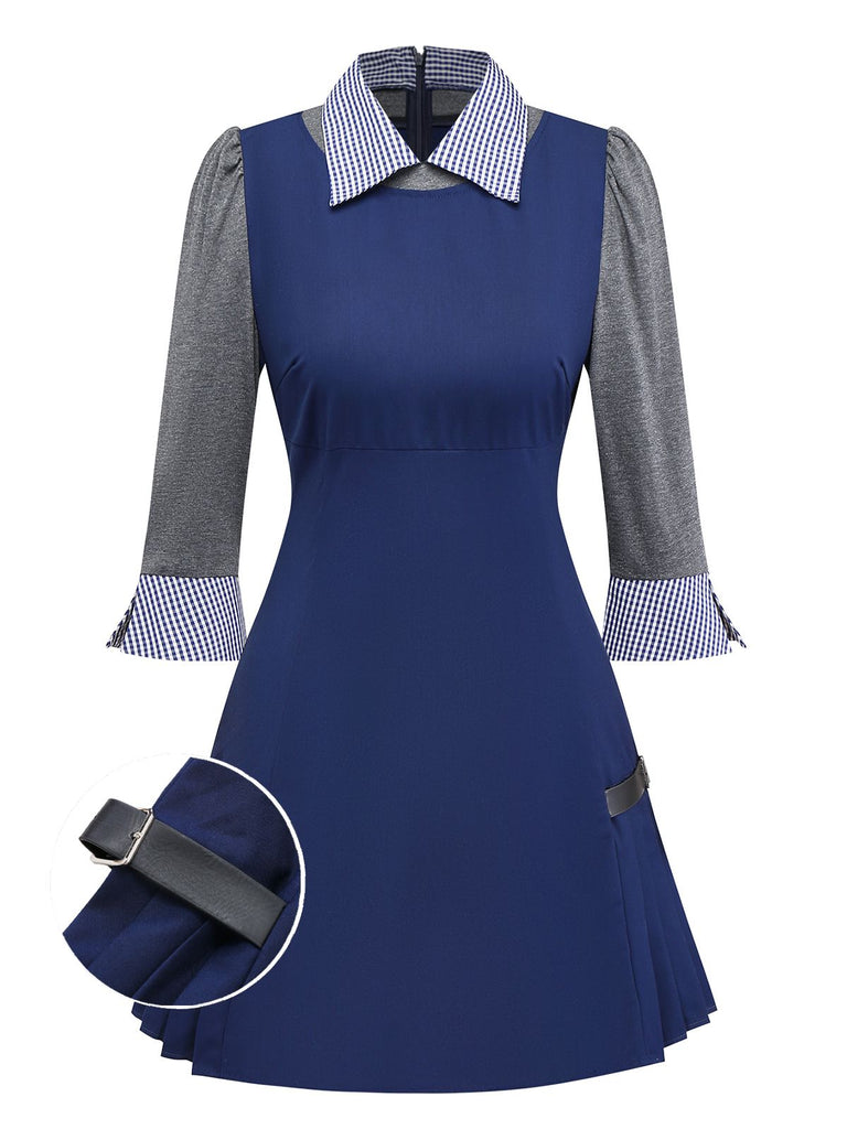 [Pre-Sale] Blue 1960s Plaid Lapel Patchwork Pleated Dress