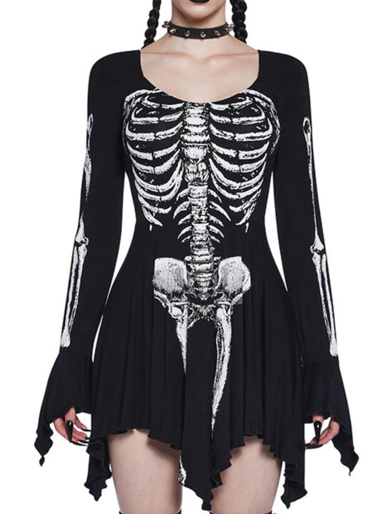 Black 1980s Halloween Skull Print Mini Dress