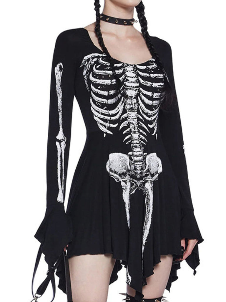 Black 1980s Halloween Skull Print Mini Dress