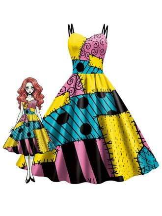 Multicolor 1950s Nightmare Before Christmas Sally Colorblock Dress