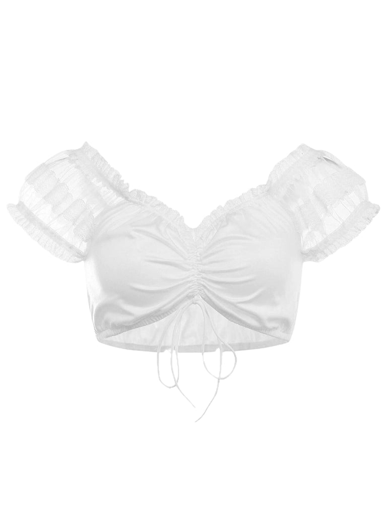 1950s Solid Lace Ruffled Ruched Crop Top