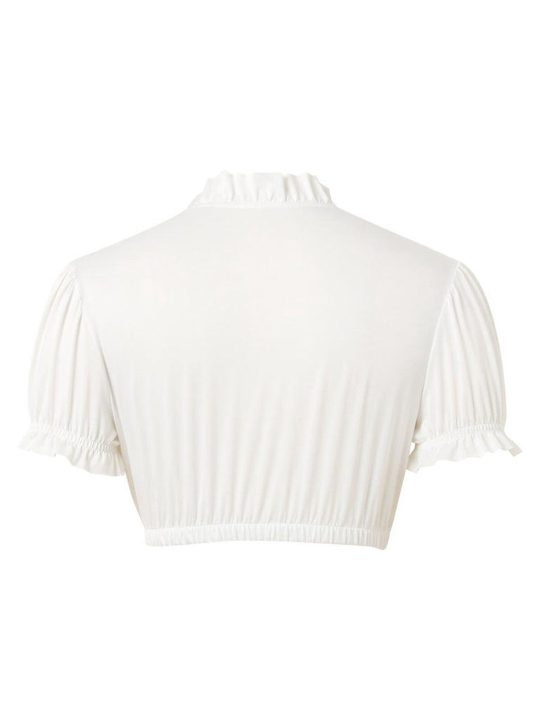 White 1950s Solid Ruched Square Neck Puff Crop Blouse