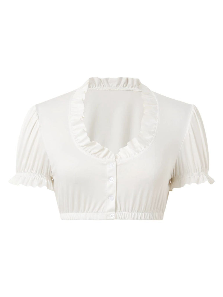 White 1950s Solid Ruched Square Neck Puff Crop Blouse