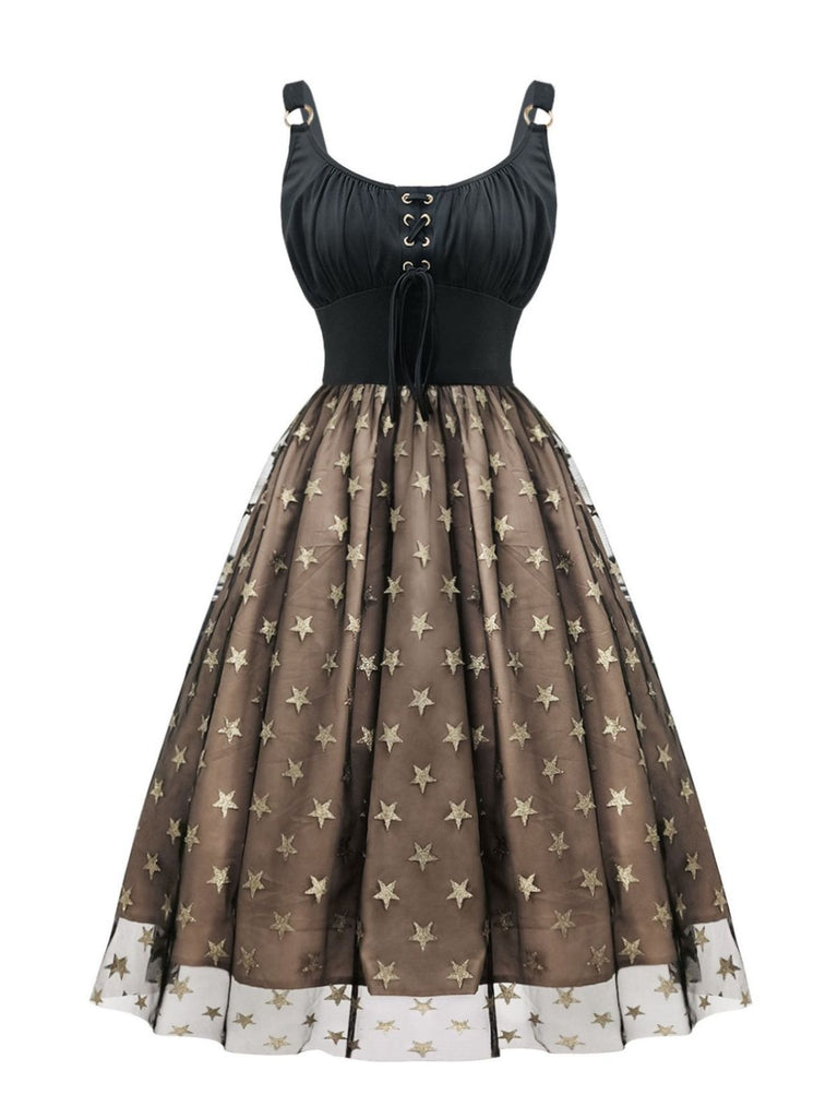 Black 1950s Gold Star Sequined Mesh Ruched Dress