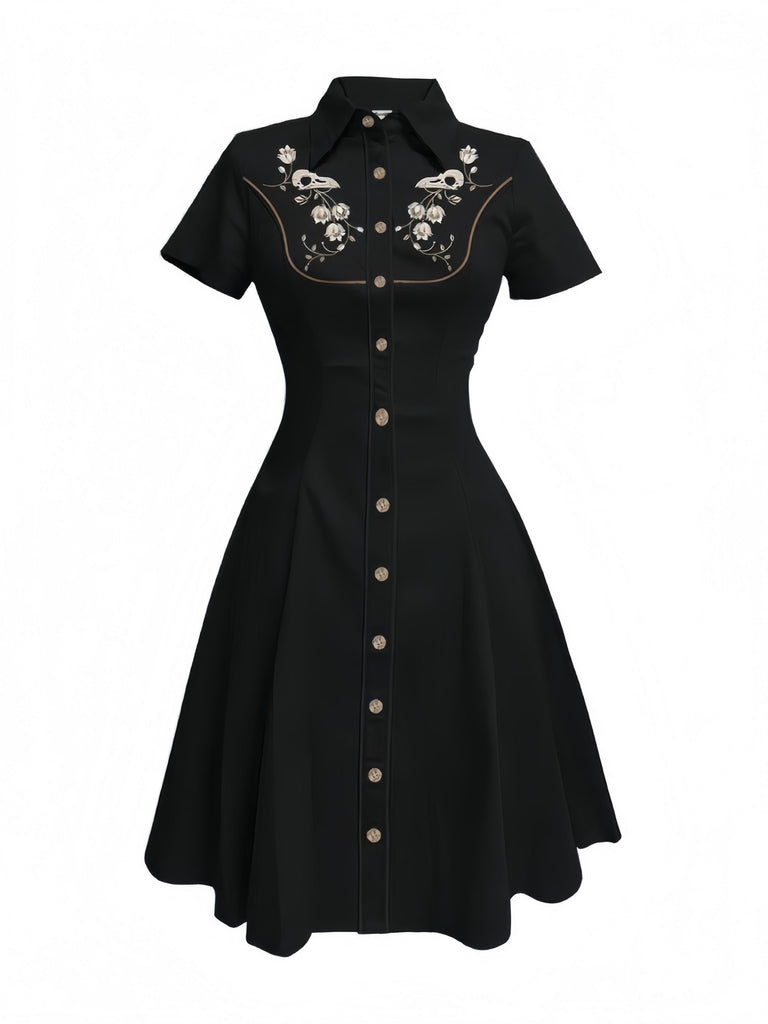Black 1950s Cotton Floral Embroidered Western Style Dress