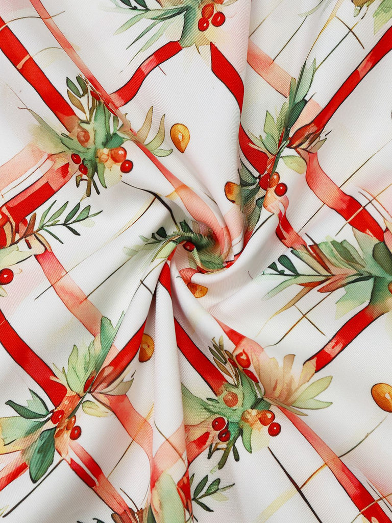 [Pre-Sale] Green 1950s Christmas Holly Leaf Fur Collar Off Shoulder Dress