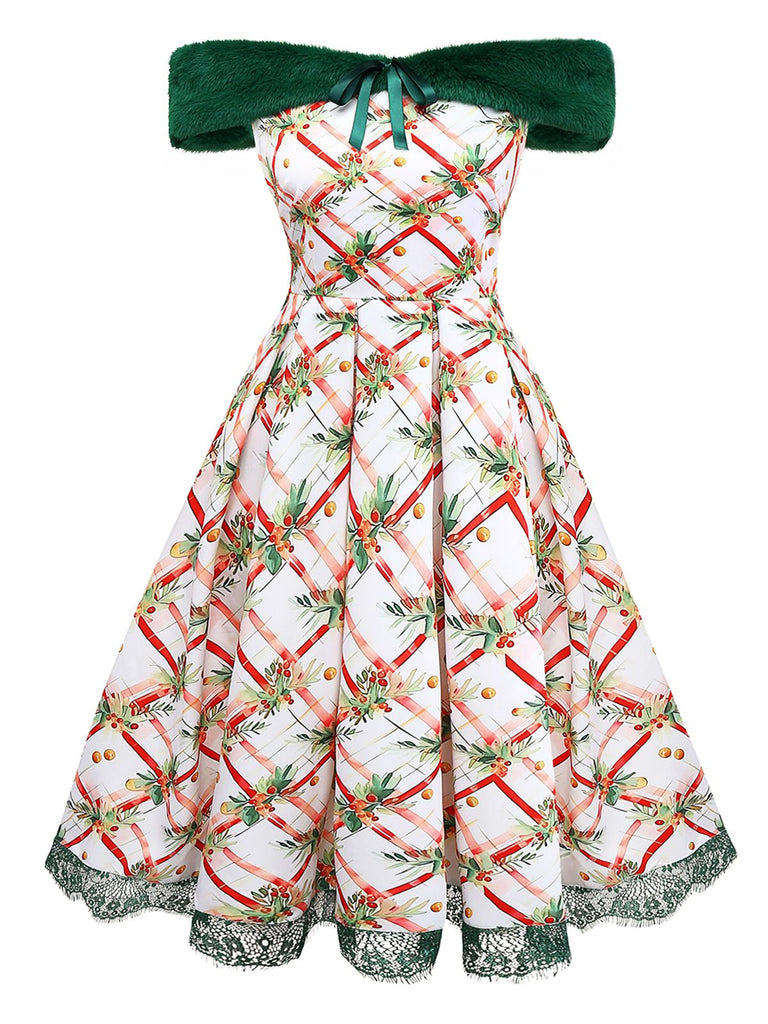 [Pre-Sale] Green 1950s Christmas Holly Leaf Fur Collar Off Shoulder Dress
