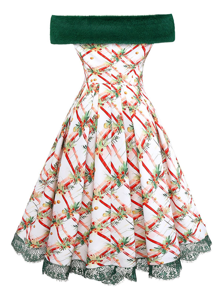 [Pre-Sale] Green 1950s Christmas Holly Leaf Fur Collar Off Shoulder Dress
