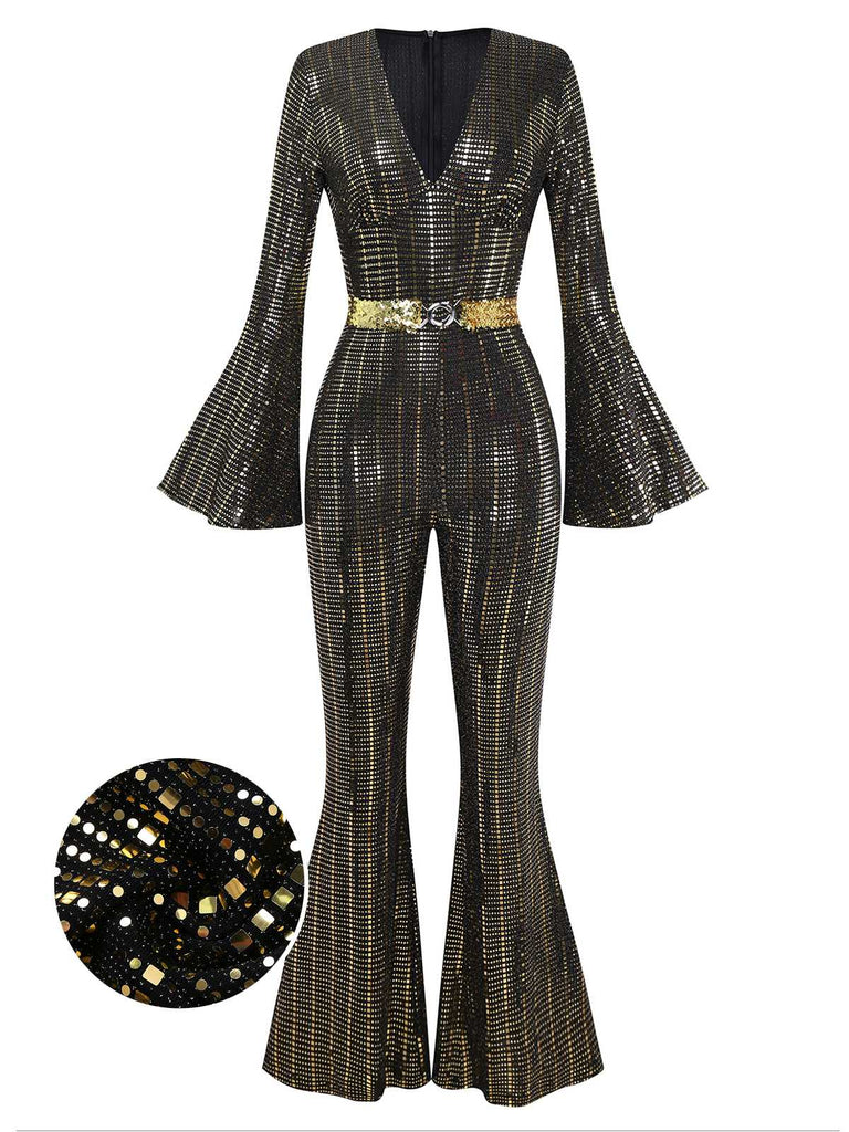 [Pre-Sale] Black&Gold 1980s Sequin Bell-Sleeve Jumpsuit