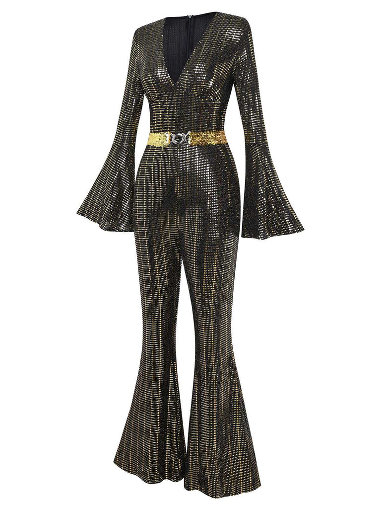 [Pre-Sale] Black&Gold 1980s Sequin Bell-Sleeve Jumpsuit