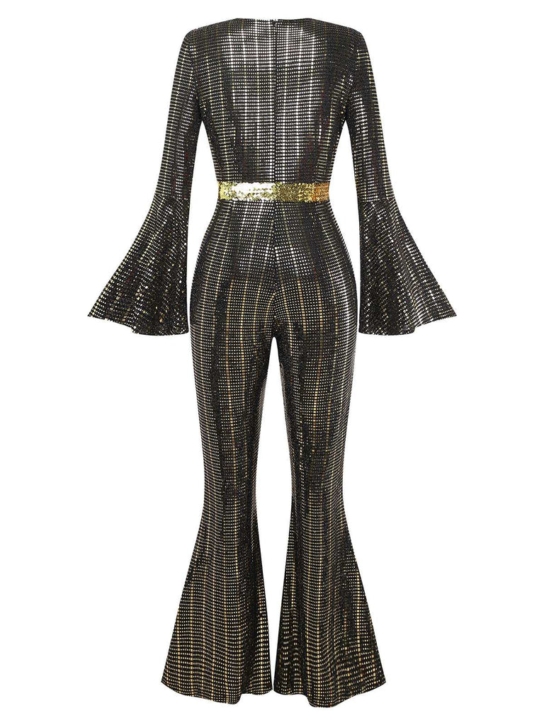 [Pre-Sale] Black&Gold 1980s Sequin Bell-Sleeve Jumpsuit