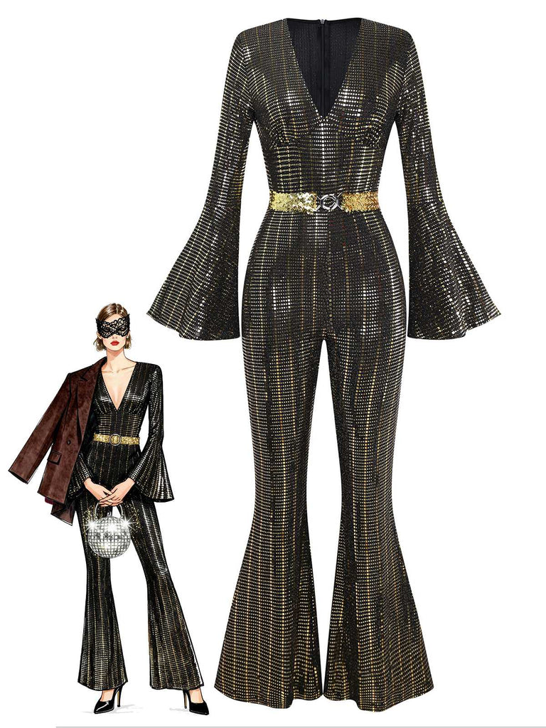 [Pre-Sale] Black&Gold 1980s Sequin Bell-Sleeve Jumpsuit