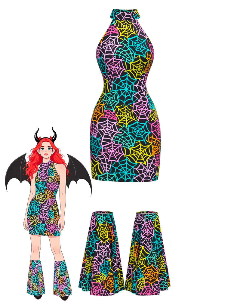 [Pre-Sale] Multicolor 1960s Rainbow Spider Web Halter Bodycon Dress