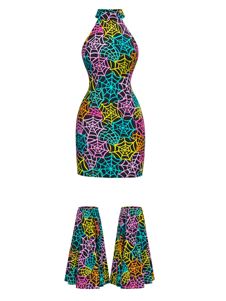 [Pre-Sale] Multicolor 1960s Rainbow Spider Web Halter Bodycon Dress
