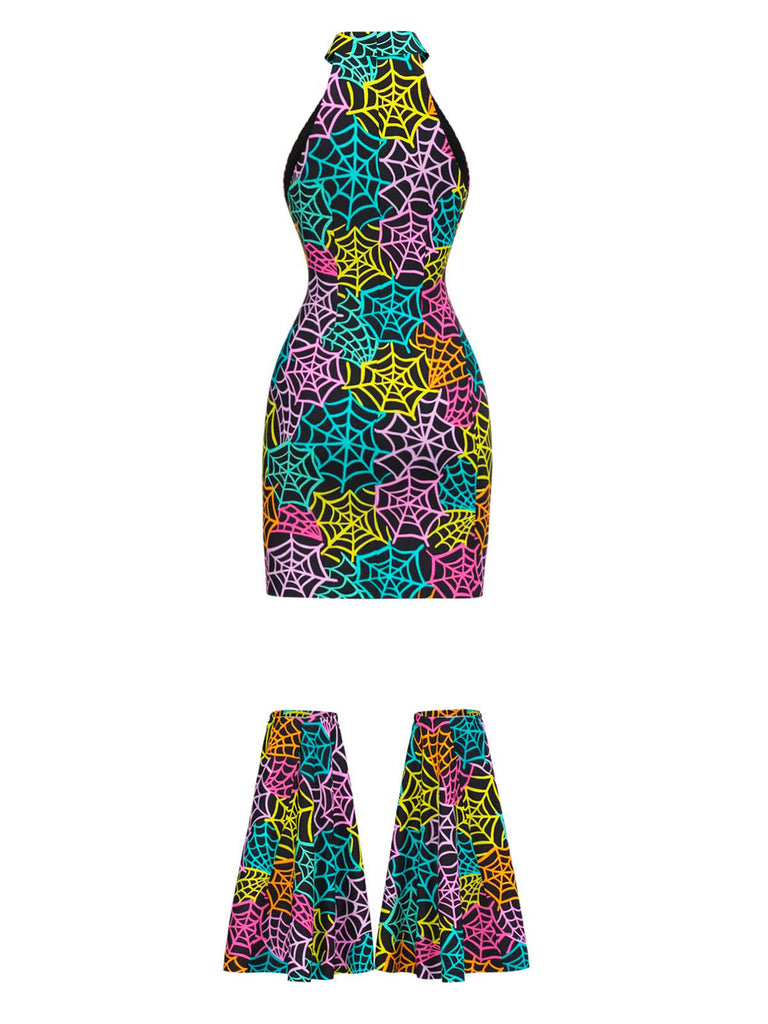 [Pre-Sale] Multicolor 1960s Rainbow Spider Web Halter Bodycon Dress