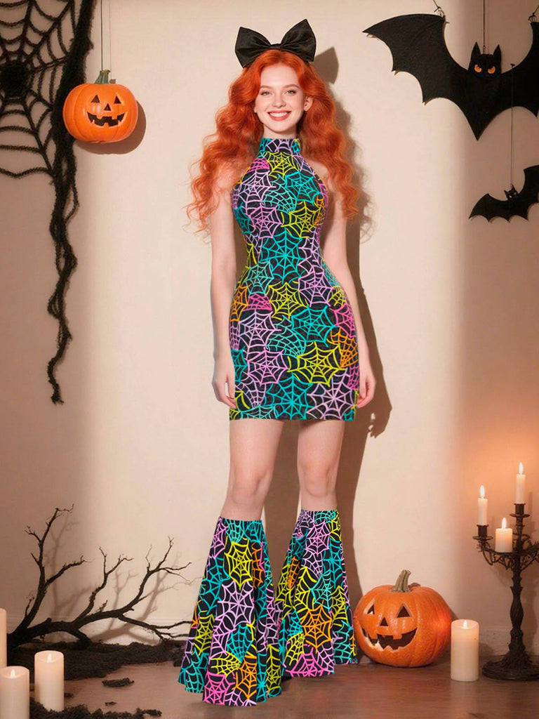 [Pre-Sale] Multicolor 1960s Rainbow Spider Web Halter Bodycon Dress