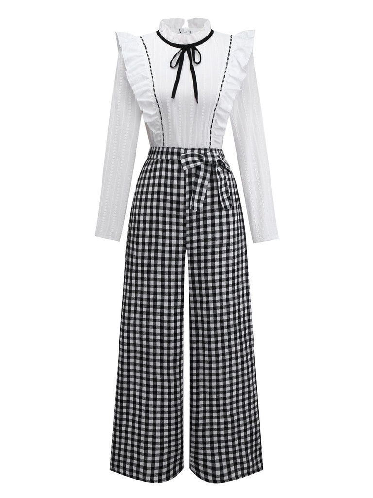 [Pre-Sale] 1930s Cotton Ruffle Collar Bow Tie Gingham Jumpsuit