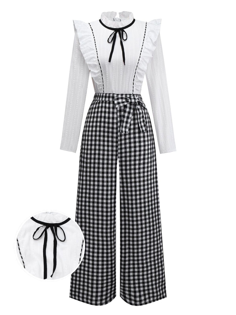 [Pre-Sale] 1930s Cotton Ruffle Collar Bow Tie Gingham Jumpsuit
