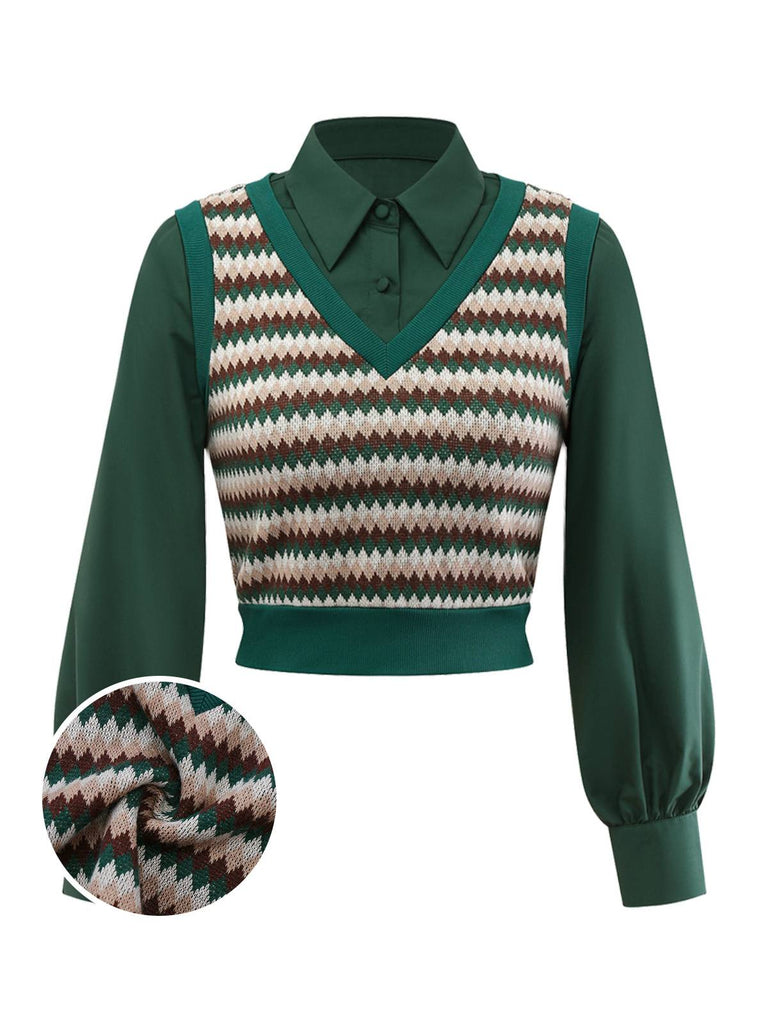 [Pre-Sale] Green 1960s Fake 2PCS Knitted Vest Blouse