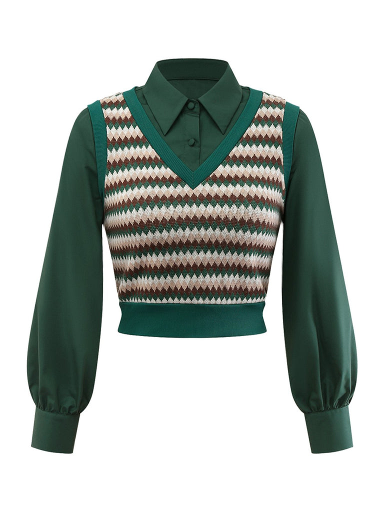 [Pre-Sale] 2PCS Green 1960s Diamond Check Knitted Vest Blouse & Skirt