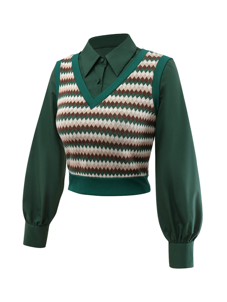 [Pre-Sale] 2PCS Green 1960s Diamond Check Knitted Vest Blouse & Skirt