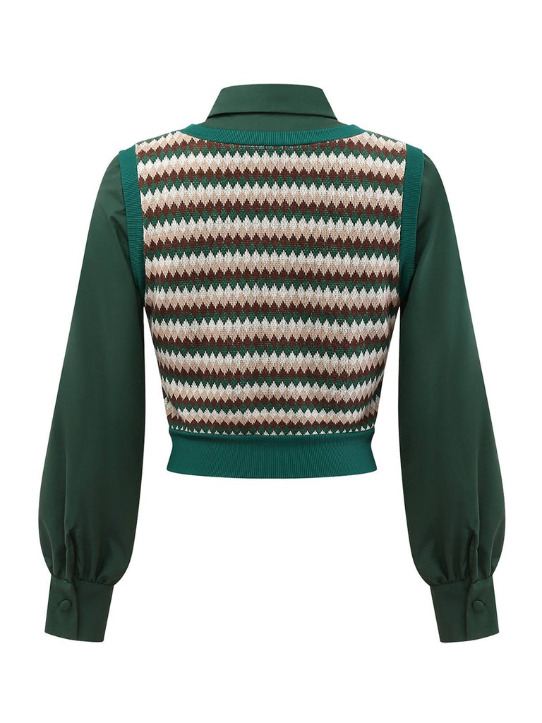 [Pre-Sale] 2PCS Green 1960s Diamond Check Knitted Vest Blouse & Skirt