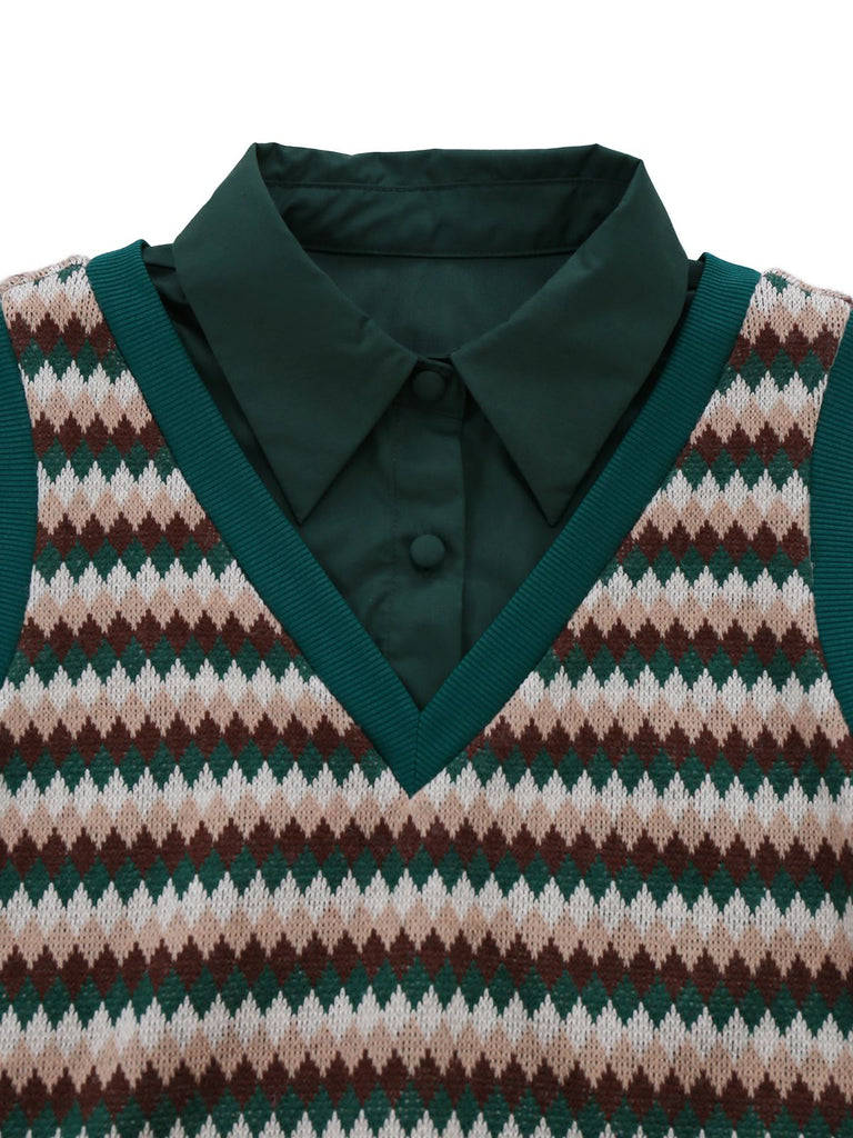 [Pre-Sale] 2PCS Green 1960s Diamond Check Knitted Vest Blouse & Skirt