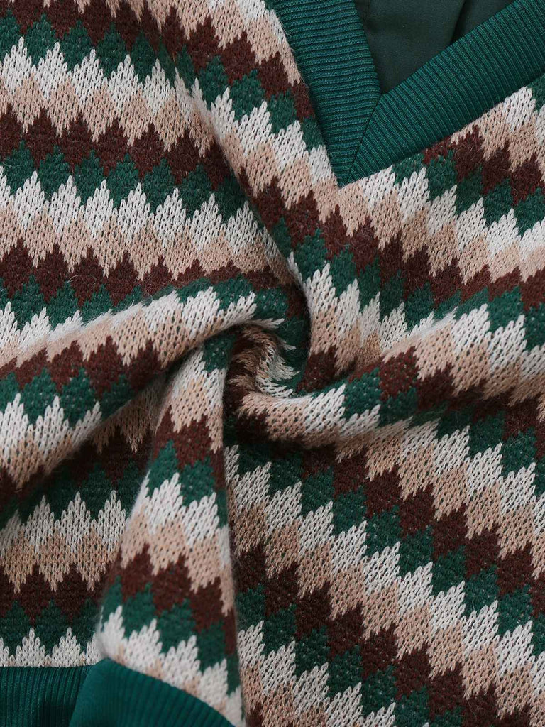 [Pre-Sale] 2PCS Green 1960s Diamond Check Knitted Vest Blouse & Skirt